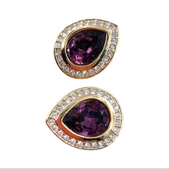 VTG Swarovski Amethyst Tear Drop Clip Earrings - Picture 4 of 10